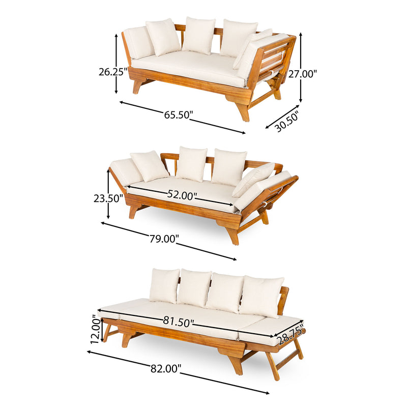 Noble House outdoor patio daybed sofa with three seats, foldable arms, and four back pillows, perfect for outdoor lounging.