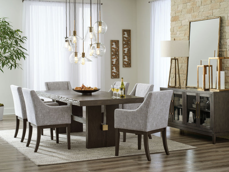 Signature Design by Ashley 8-piece dining room set with a table, chairs, and matching buffet in a modern wood finish.