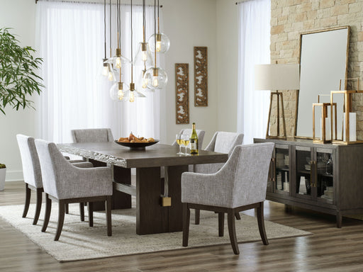 Signature Design by Ashley 8-piece dining room set with a table, chairs, and matching buffet in a modern wood finish.