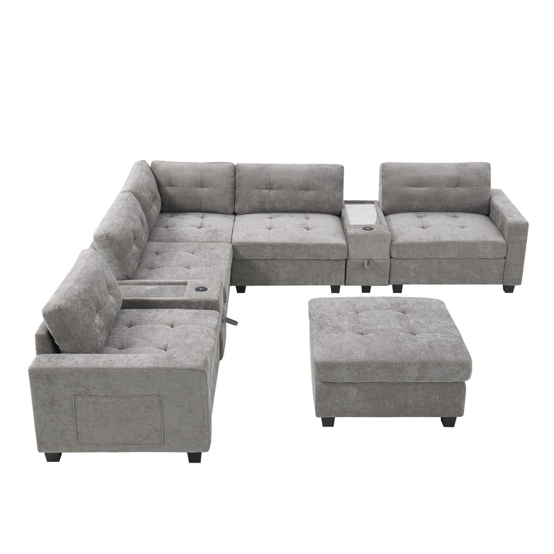 Sectional With Acrylic Table Top U Shaped Couch Set With 2 Consoles USB Charger, Storage Drawers And Pockets Movable Ottoman Tufted Sofa - R&R Furniture Gallery (Fountain Valley, CA)
