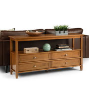 Warm Shaker wide console sofa table by Simpli-Home with light golden brown finish, featuring a sleek, modern design and spacious surface.