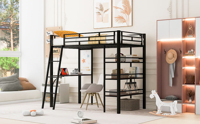Loft Metal Bed With 3 Layers Of Shelves And Desk, Stylish Metal Frame Bed With board - R&R Furniture Gallery (Fountain Valley, CA)