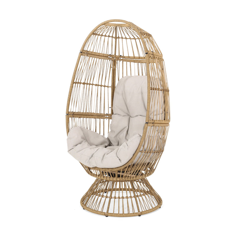 Noble House patio swivel basket egg chair with cushion, outdoor accent chair featuring woven design and comfortable seating.