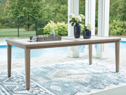 Signature Design by Ashley Rainier Ranch rectangular dining table with umbrella option in brown and beige, showcasing sturdy wood construction.