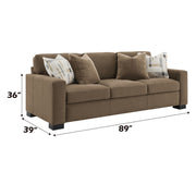 ACME Darya sofa in brown suede fabric featuring four pillows, stationary design with plush seating and stylish appearance.