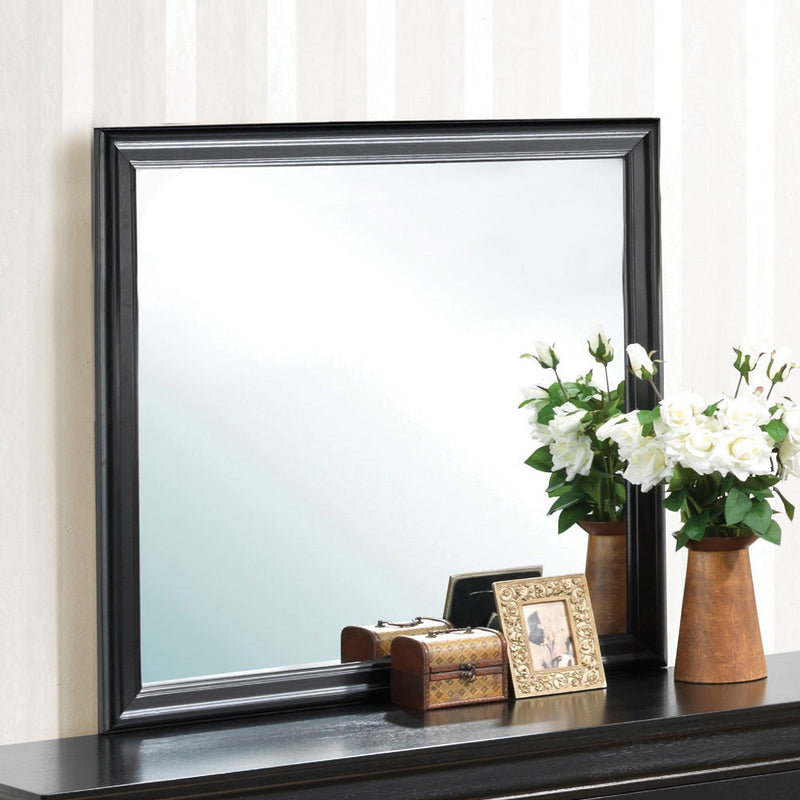 Black elegant wall mirror by Glory Furniture with a sleek, modern frame, perfect for contemporary interior decor.