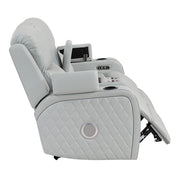 Elonzo - Power Motion Loveseat With Console, LED, Power Headrest & Speaker - Light Gray - R&R Furniture Gallery (Fountain Valley, CA)