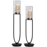 Set of two black Durga iron work candleholders with intricate design, perfect for candles and decorative display.