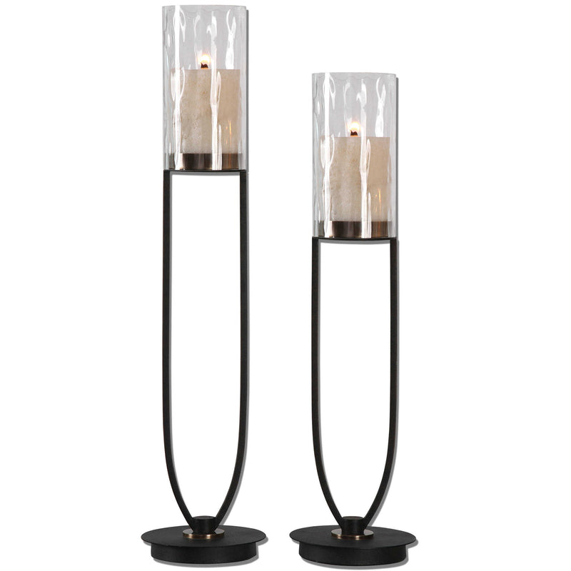 Set of two black Durga iron work candleholders with intricate design, perfect for candles and decorative display.