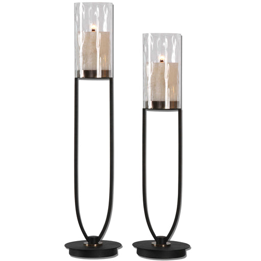 Set of two black Durga iron work candleholders with intricate design, perfect for candles and decorative display.