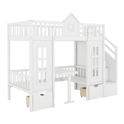 DreamHaus twin over twin bunk bed with changeable table, featuring a convertible upper bed and down desk for versatile use.