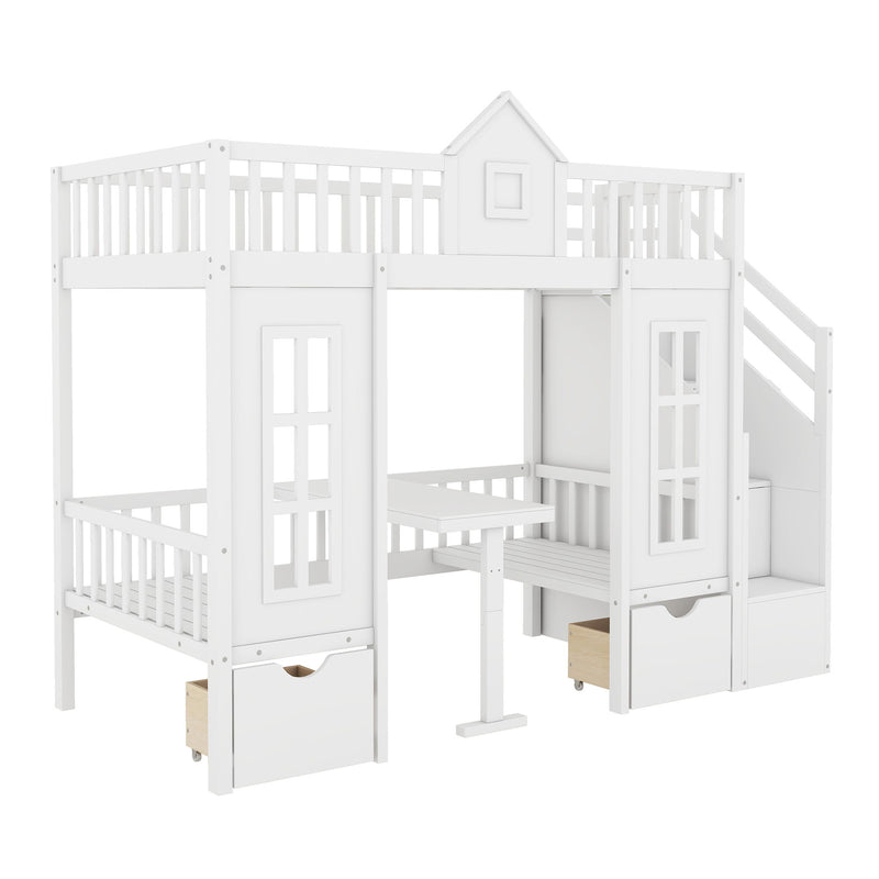 DreamHaus twin over twin bunk bed with changeable table, featuring a convertible upper bed and down desk for versatile use.
