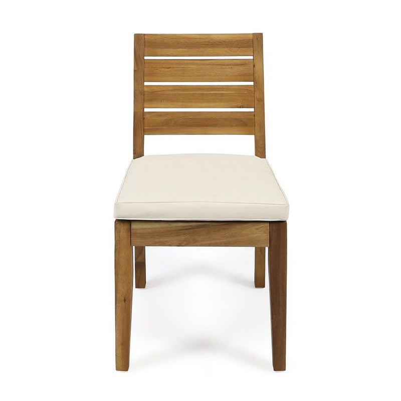 Noble House outdoor 7-piece dining set with beige cushions, sandblasted natural wood finish, includes table and six chairs.