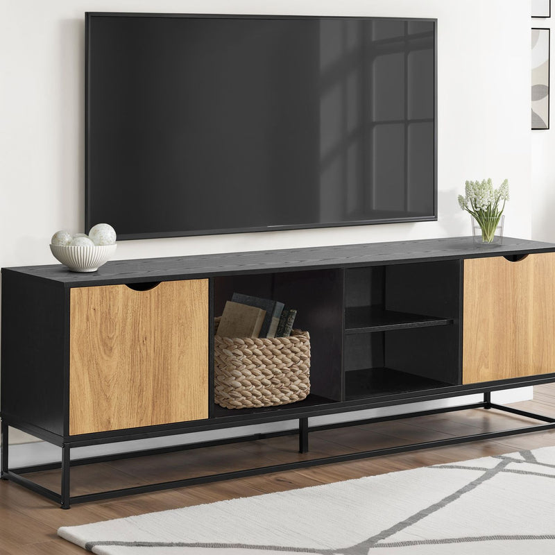Black 8th Street TV stand with open and closed shelves, modern storage cabinet for living room entertainment setup.