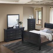 Black elegant dresser by Glory Furniture with sleek drawers and modern design, perfect for stylish bedroom storage.