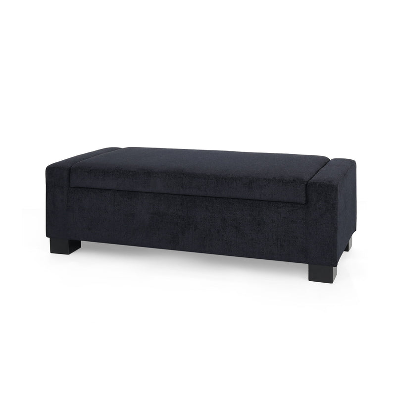 Noble House textured fabric ottoman bench with hinged lid, featuring a soft, woven surface and sturdy wooden legs.