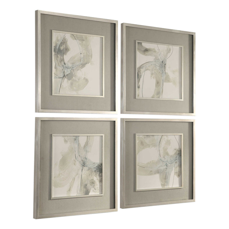Set of four beige framed prints featuring abstract divination art by Uttermost, displayed together on a wall.