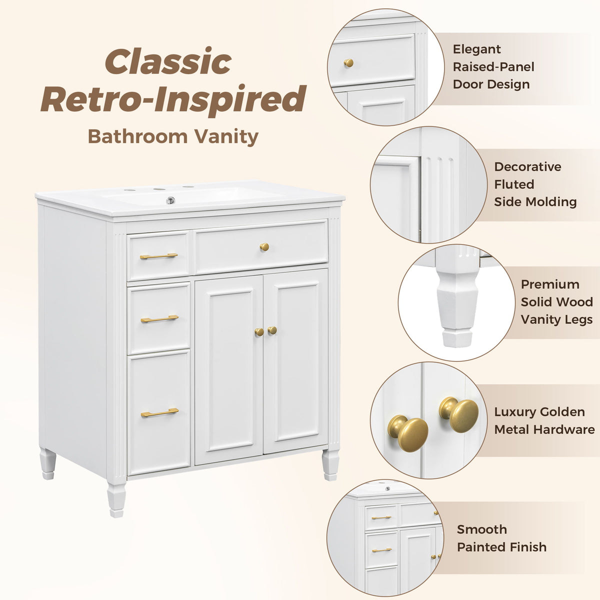 Freestanding Bathroom Vanity With Sink, Soft Close Door, Tip Out Drawer