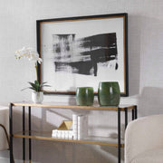 Uttermost Mystere framed contemporary black canvas art print displayed on a wall. Modern wall decor with bold abstract design.
