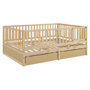 DreamHaus storage daybed with fence guardrails, two drawers, split into floor bed and daybed, showcasing its versatile design.
