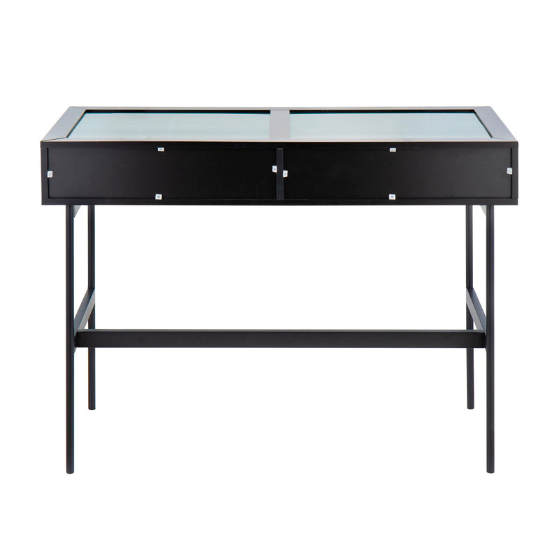 Lumi Source Emery contemporary console table with sleek wooden top and black metal legs, ideal for modern living spaces.