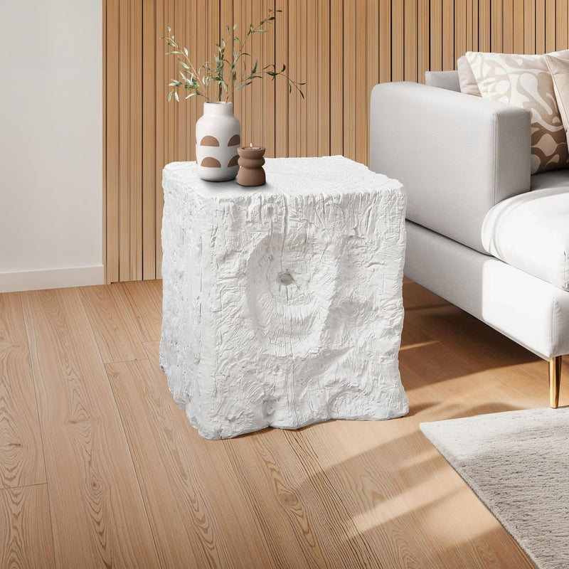 White square indoor-outdoor accent table by 8th Street, featuring a sleek modern design with a flat top and sturdy legs.