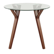 Lumi Source Folia mid-century modern round walnut and clear glass dinette table with sleek wooden legs.