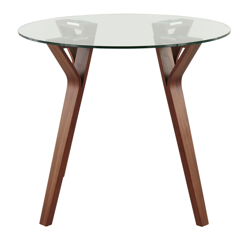 Lumi Source Folia mid-century modern round walnut and clear glass dinette table with sleek wooden legs.