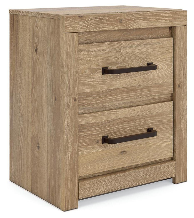Benchcraft Brozmont tan nightstand with two drawers and built-in charging station, sleek and modern bedroom furniture.