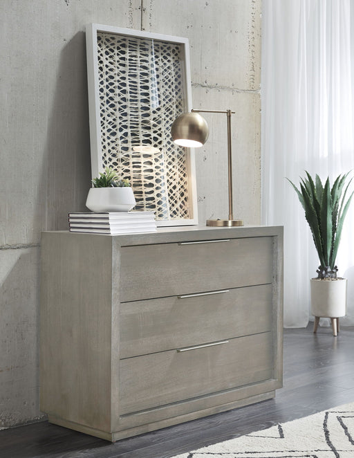 Modus Oxford three-drawer nightstand in mineral finish with sleek design and modern hardware, perfect for bedroom decor.