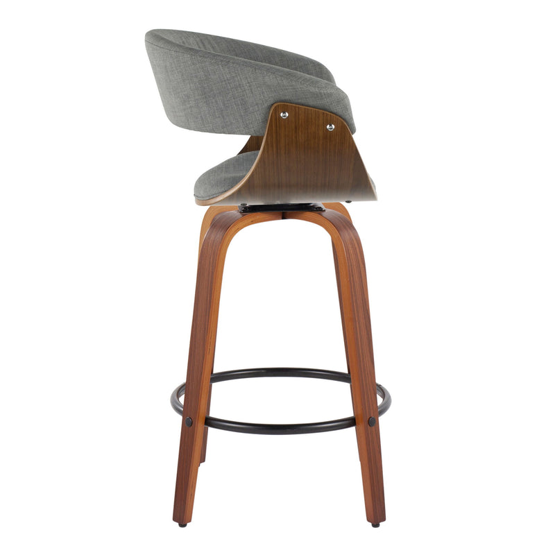Set of two Lumi Source vintage mid-century modern fixed height and swivel counter stools with round footrests.