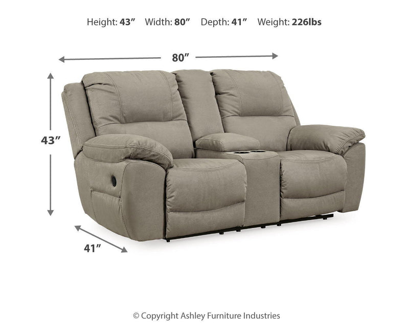 Signature Design by Ashley Next-Gen Gaucho double reclining loveseat with plush fabric and padded armrests, shown in a modern living room setting.