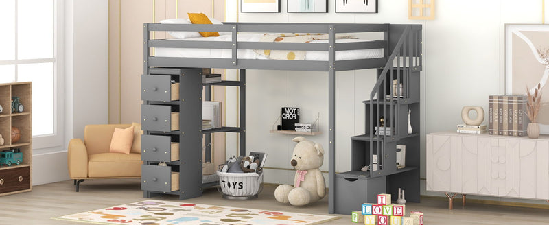 DreamHaus loft bed with built-in storage drawers, stairs with shelves, and a sturdy wooden frame for space-saving sleeping.
