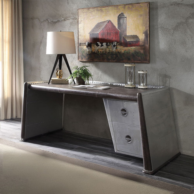 Brancaster - Executive Writing Desk - Distress Chocolate Top Grain Leather & Aluminum - R&R Furniture Gallery (Fountain Valley, CA)