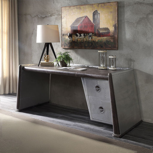 Brancaster - Executive Writing Desk - Distress Chocolate Top Grain Leather & Aluminum - R&R Furniture Gallery (Fountain Valley, CA)