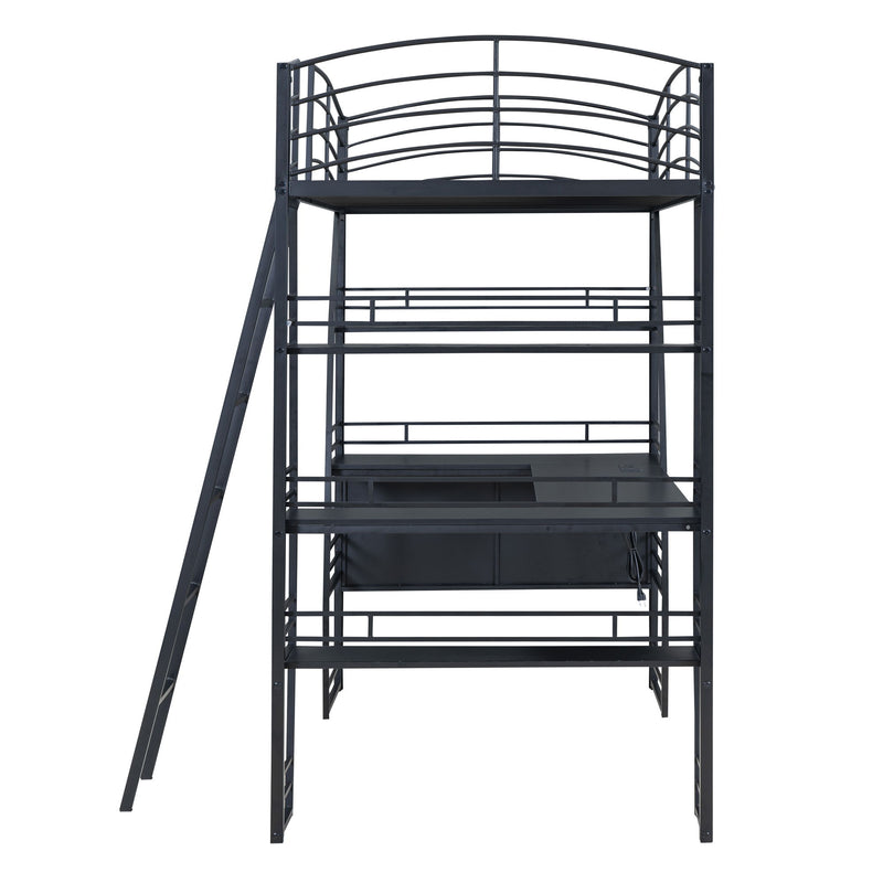 Loft Bed With 4 Layers Of Shelves And L-Shaped Desk, Stylish Metal Frame Bed With A Set Of Sockets, USB Ports And And Wireless Charging - R&R Furniture Gallery (Fountain Valley, CA)