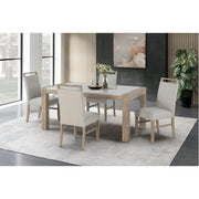 Beige marble dining table with five upholstered chairs in a modern dining room set by Global Furniture USA.