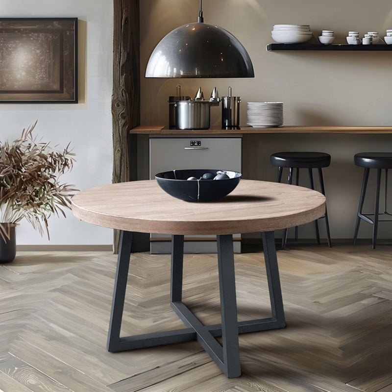 Round Dining Table With Wire Brushed Mindi Top And Mahogany Base - Wheat - R&R Furniture Gallery (Fountain Valley, CA)
