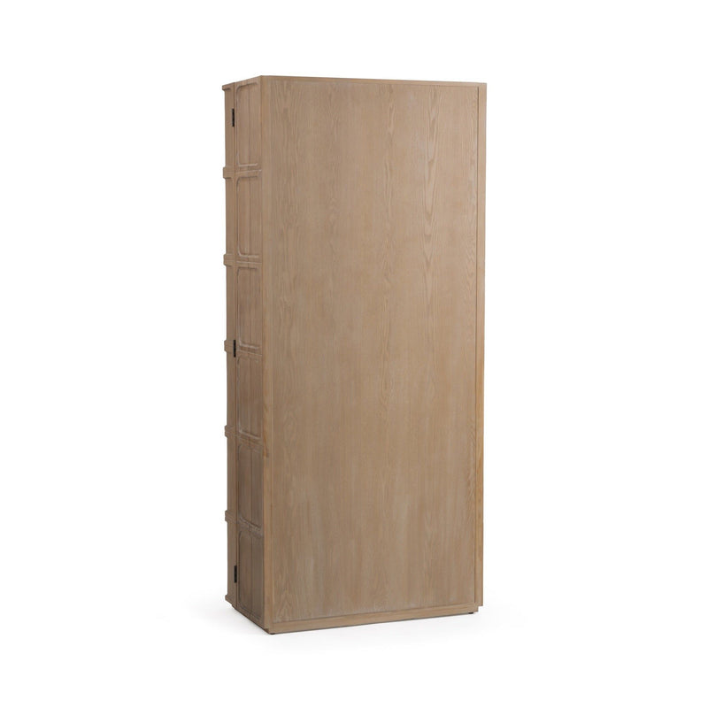 Classic Home Corin tall accent cabinet with wood finish and sleek design, featuring doors and storage shelves.