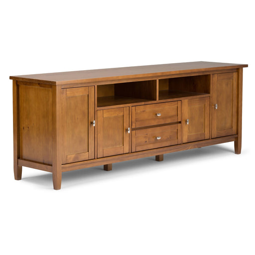 Handcrafted Warm Shaker TV media stand by Simpli-Home featuring wood finish, open shelving, and storage compartments.