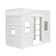 DreamHaus house loft bed with ladder, featuring a cozy wooden frame and built-in safety rails for kids' bedroom.