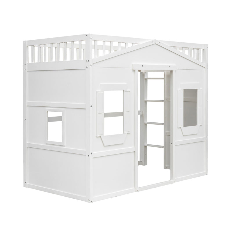 DreamHaus house loft bed with ladder, featuring a cozy wooden frame and built-in safety rails for kids' bedroom.