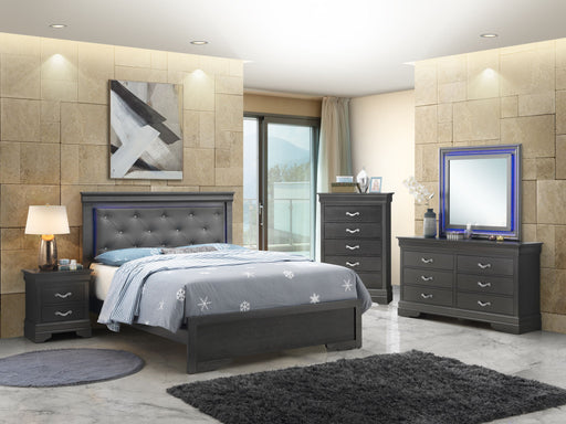Upholstered LED bed from Glory Furniture featuring a modern, elegant design with soft fabric upholstery and integrated lighting.