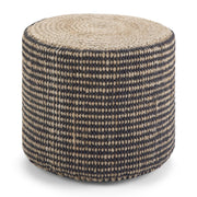 Larissa handcrafted round braided pouf by Simpli-Home, accent furniture piece with woven design and soft fabric upholstery.