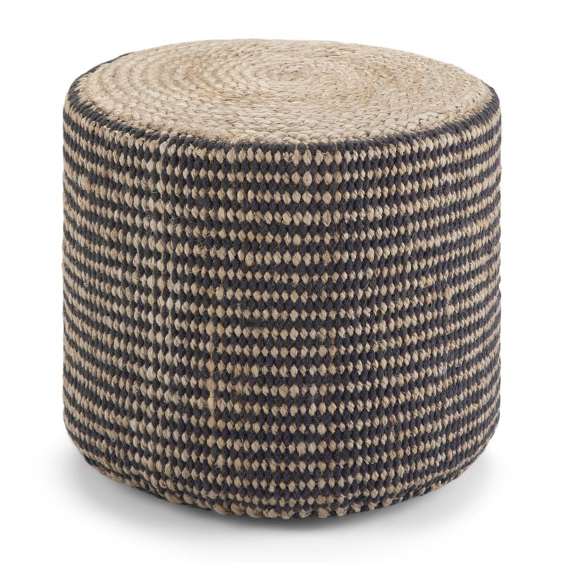 Larissa handcrafted round braided pouf by Simpli-Home, accent furniture piece with woven design and soft fabric upholstery.