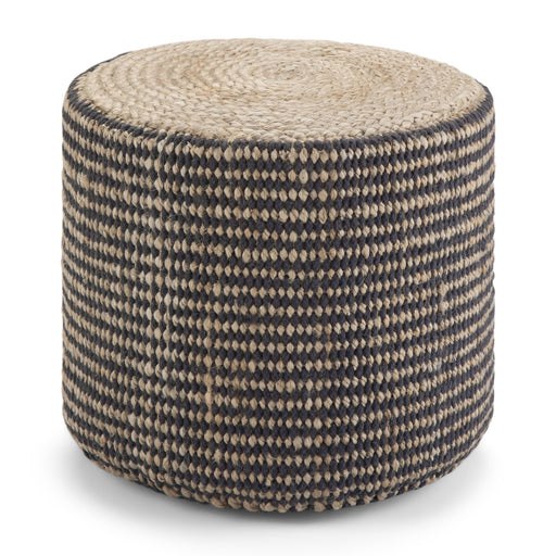 Larissa handcrafted round braided pouf by Simpli-Home, accent furniture piece with woven design and soft fabric upholstery.
