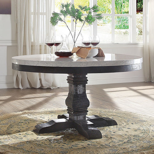 Nolan - Round Dining Table - White Marble Top & Salvage Dark Oak - R&R Furniture Gallery (Fountain Valley, CA)