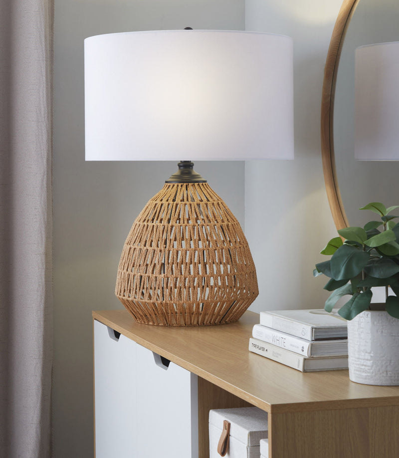 Contemporary rattan table lamp by Lumi Source with natural finish, matte black accents, and white shade on a sleek surface.