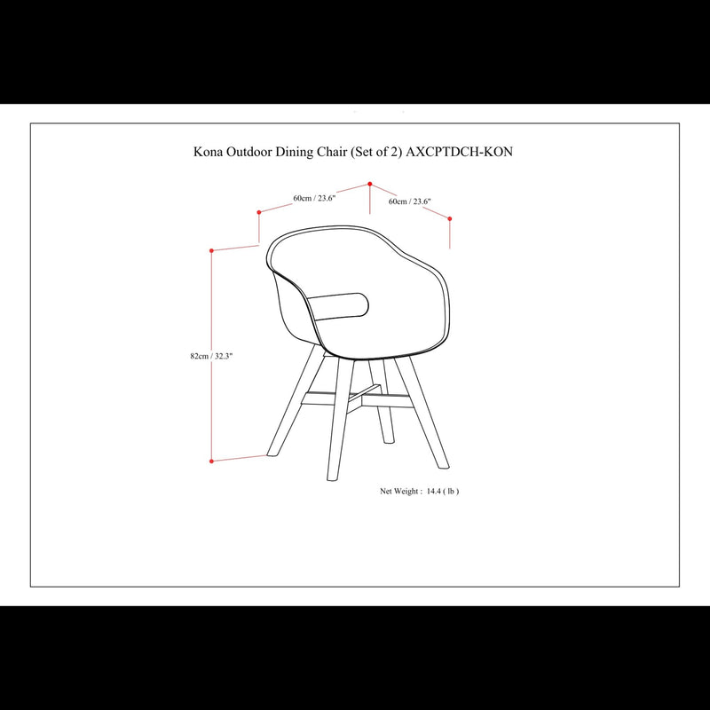 Set of two Simpli-Home Kona outdoor dining chairs in durable plastic, perfect for patio or garden seating.