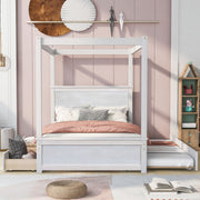 DreamHaus canopy platform bed with built-in drawers, support slats, no box spring needed, in a modern bedroom setting.